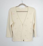 Vintage Max Studio Cream Floral Applique Beaded Open Front Clasp Cardigan