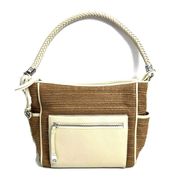 BRIGHTON Cream & Tan Raffia Leather Shoulder Tote Bag Purse