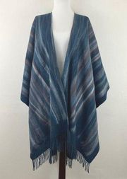 Chico’s Womens  Ruana Covering Wrap Blue Stripped Fringed OS NEW