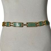 Women's Skinny Leather Belt Chainlink Green Gold Adjustable Size L