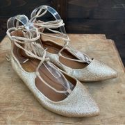D'Orsay gold lace-up ballet flat shoes glitter sparkle size 6