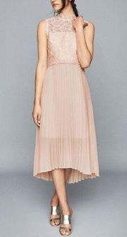 REISS Aideen Lace Yoke Pleated High/Low Dress Cream 10