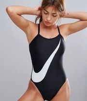 Nike Big Swoosh One Piece Swimsuit Black White Womens Size 4 Athletic