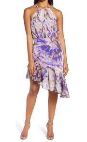 Jodie Purple Asymmetrical Ruffle Hem Halter Dress