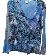 Alberto Makali Blouse Top Womans Small Geometric Blue Long Sleeve V Neck Beaded