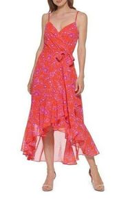 ELIZA J Dress Size 14 Midi Floral Spaghetti Strap Pink & Red Wedding Cocktail