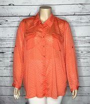 Verve Ami Women NWT 3X Coral Pink Swiss Dot Roll-Tab Sleeve Button Up Blouse Top