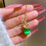 18K Gold Plated Emerald Green Crystal Apple Pendant Necklace for Women