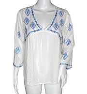 Solitaire Shirt Womens Large White Blue Geometric Embroidery Bohemian Peasant