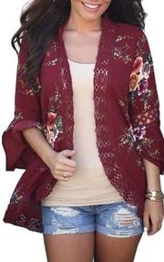 Entro Floral Print Cardigan Open Front Kimono Bell Sleeve Dark Red Womens Small