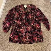 Pink Rose Large Black and Floral Blouse with 3/4 Length Sleeves