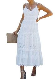 POL V Neck Lace Eyelet Cotton Midi Dress Spaghetti Straps Tiered White Sz Small