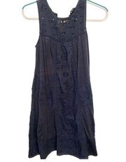 Navy Blue Sleeveless Laser Cut Eyelet Lace Trapeze Shift Dress