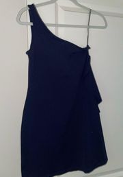 Navy Dress with one shoulder and one ruffle side