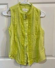 Anthropologie Neon Yellow Lace Button Down Sleeveless Blouse 100% Cotton Size S