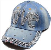 David and young Stylish denim cap destroyed rhinestones studs hat jean blue