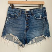 Abercrombie & Fitch The High Rise Mom Short 27 Blue Denim Distressed Button Fly