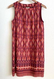 Burgundy Ikat Printed Sleeveless Shift Midi Dress Women's Small