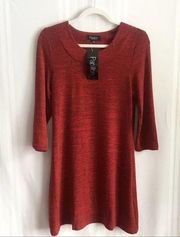 Papillon 3/4 Sleeve Knit Mini Sweater Dress Red Large Scoop Neck Heathered Tunic