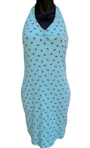 Cherry Print Body Con Midi Halter Top Dress Cyan Color Juniors XXL 16-18 Women S