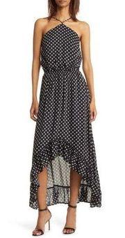 NWT Fraiche By J Mona Ruffle Halter High-Low Dress. Black w/ white Polka Dots. M
