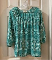 Everly Green/Teal Print Scoop Neck 3/4 Sleeve Blouse M