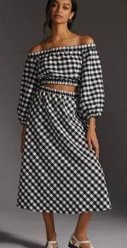 Anthropologie Maeve Black White Gingham Skirt Set Crop Top Midi Maxi Size Small