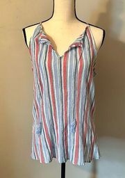 Chaps Split Neck Tank Top Size XL Sheer Crinkle Tassels Muted Red, White, Blue