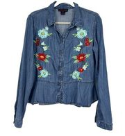 Rock & Roll Cowgirl Chambray Denim Button Up Shirt Floral Embroidered Size M