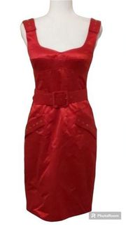 Yoana Baraschi Tangerine Red Sleeveless Cotton Silk Midi Dress with Belt