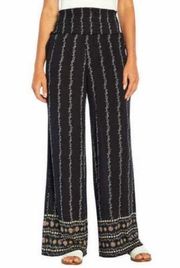Three Dots Floral Printed Wide Leg Pull On Pants Black Small
