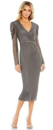 MAC DUGGAL Beaded Long Sleeve Sheath Dress in Charcoal Size US 6