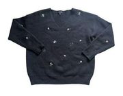 J. Nna Woman’s Black Large Embroidered Floral Sweater Blue Flowers