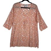 Gretchen Scott Mini Dress Size Medium V-Neck Semi Sheer 3/4 Sleeve Orange White