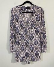 Intermix Women's Blue Graphics Surplice Neckline Long Sleeve Silk Romper Size M