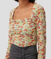 Top Printed Mesh Ruched Blouse Long Floral Sheer Meadow Celadon 42 NWT