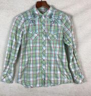 Ariat Womens S Plaid Pearl Snap Long Sleeve Shirt Western Rhinestones Green