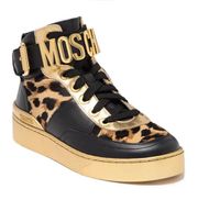 Moschino Leopard Calf-Hair Metallic Gold Leather High Top Basketball Sneakers