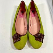 Lilly Pulitzer Green Suede Flats with Leather Flowers Women’s Size 8.5M