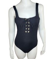 New Rue21 Lace Front Ribbed Black Solid One Piece Swimsuit Womens Small Padded