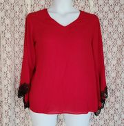 est. 1946 red black bell sleeve blouse with lace detail