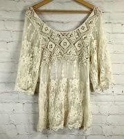 Body Central Womens Blouse Sz M Lace Crochet Cream Ivory Boho Bohemian Lagenlook