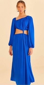 Blue Viscose Satin Midi Dress cutout puff sleeves small