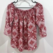 Rust and white print on or off shoulder top size small