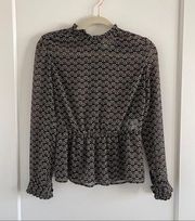 Sezane Peplum Muslin Sheer Ruffle Geometric Floral Blouse Size 38, US 6