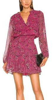 A.L.C Sari Silk Floral Long Sleeve V-Neck Mini Flowy Dress Pink/Black Women Sz 2