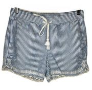 Talbots Drawstring Waist Seersucker Shorts Blue White Stripe Small Petite EUC