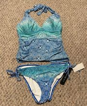 NWT La Blanca Tile We Meet Again Ombré Blue Tankini 2 Piece Bathing Suit- Size 8