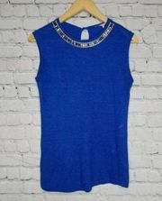 Linen Sweater Top 2 Womens Jeweled Neckline Sleeveless Keyhole back Blue