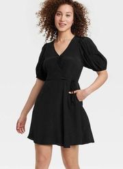 Women's Balloon Short Sleeve Mini Wrap Dress - Black XL